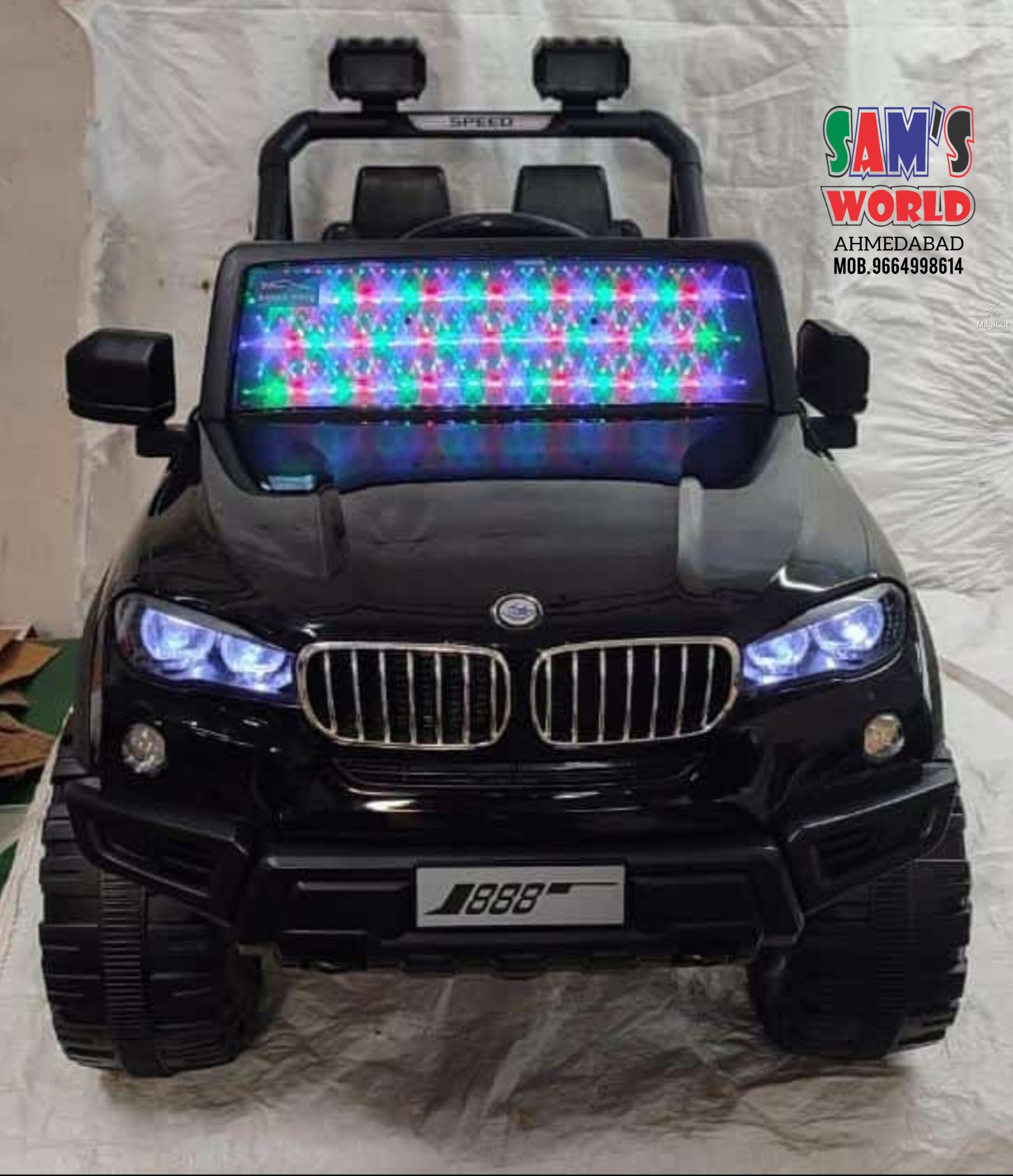 Black rechargeable ride-on car for toddlers with colorful LED lights by samstoy.in rechargeable ride-on cars for toddlers Ahmedabad Gujarat