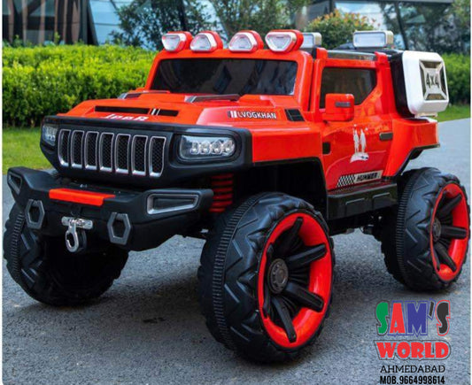 Red two seater ride on Jeep car for children with guarantee featuring large wheels and realistic design