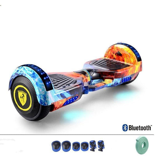 6.5 inch kids hoverboard with Bluetooth featuring blue and orange flame design and LED lights
