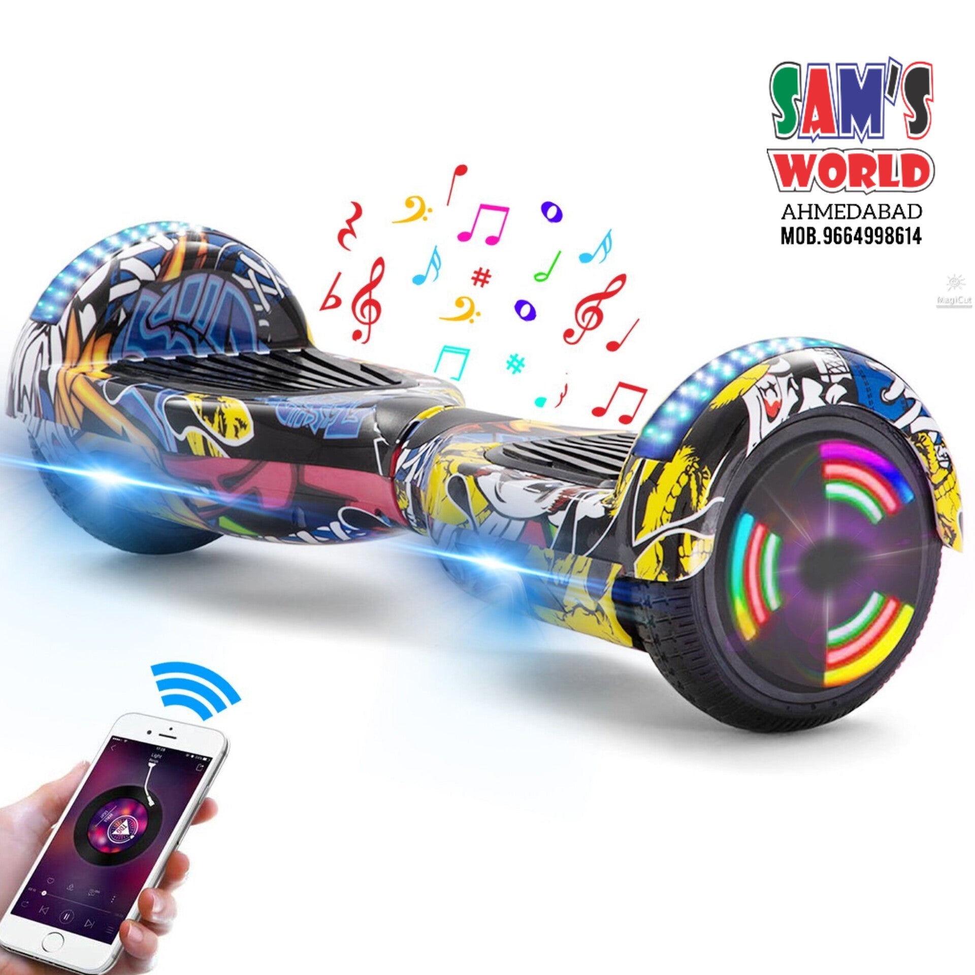 6.5 inch kids hoverboard with Bluetooth in colorful graphic design with LED lights and music control via smartphone