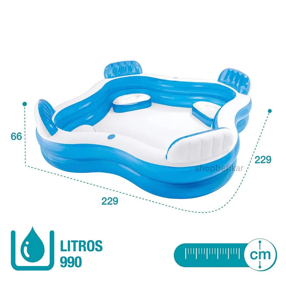 Intex blue and white 229 cm inflatable swimming pool for adults and kids with built in seats and headrests 990 liters
