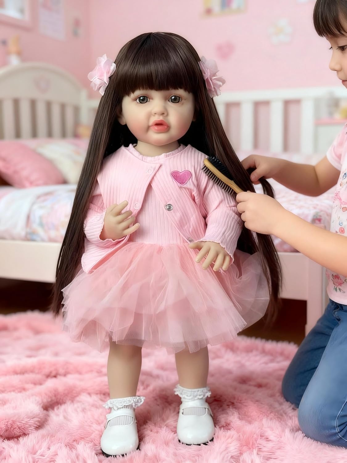 Silicon Doll with Long Brown Hair in Pink Dress, Suitable for Kids, from Sam's Toy World