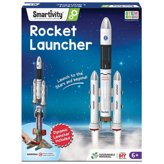Smartivity Rocket Launcher box with white model rocket and launcher on starry sky science experiment rocket launcher set