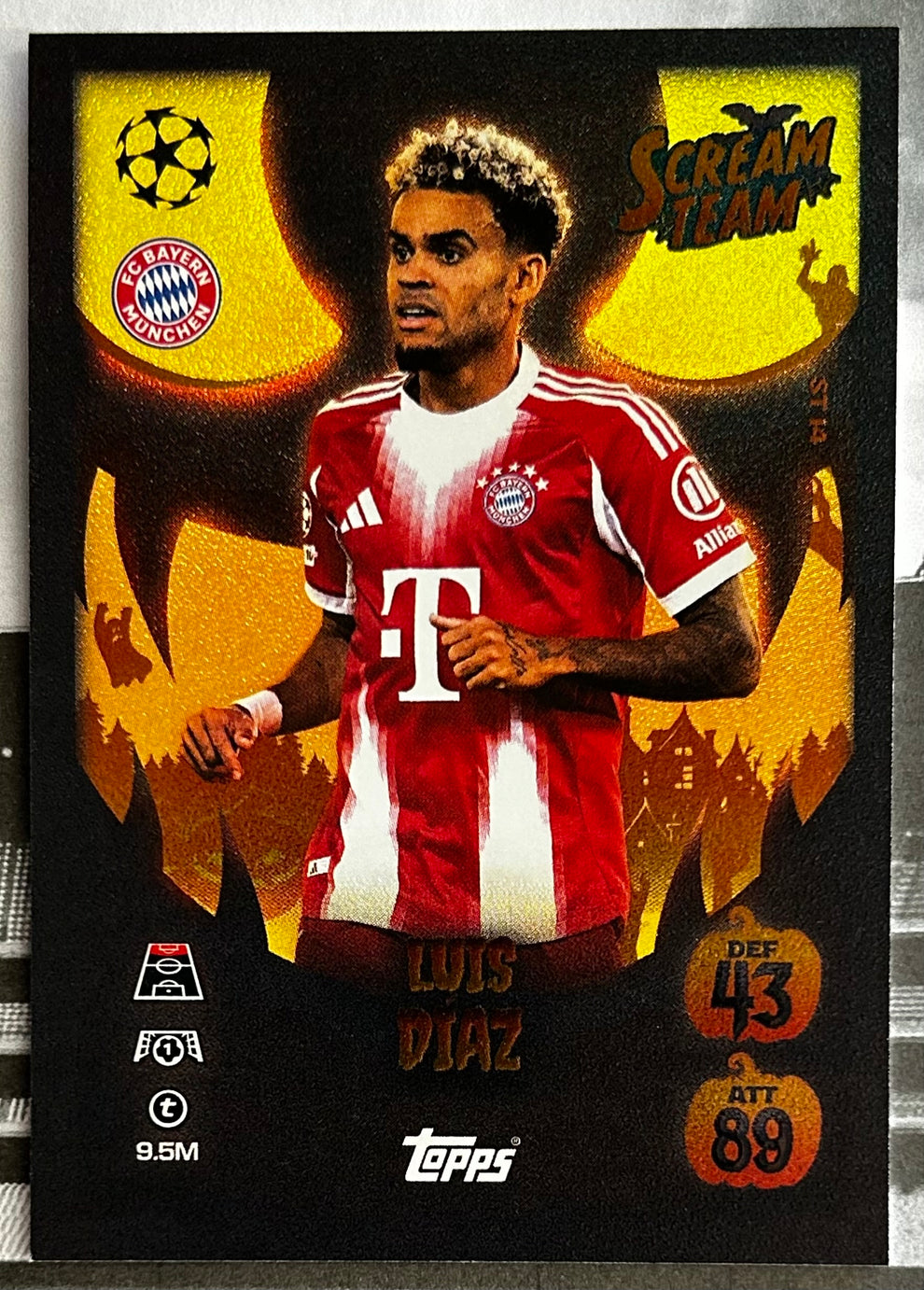 TOPPS soccer sports trading cards featuring Luis Diaz in a Bayern Munich jersey, showcasing stats and graphics