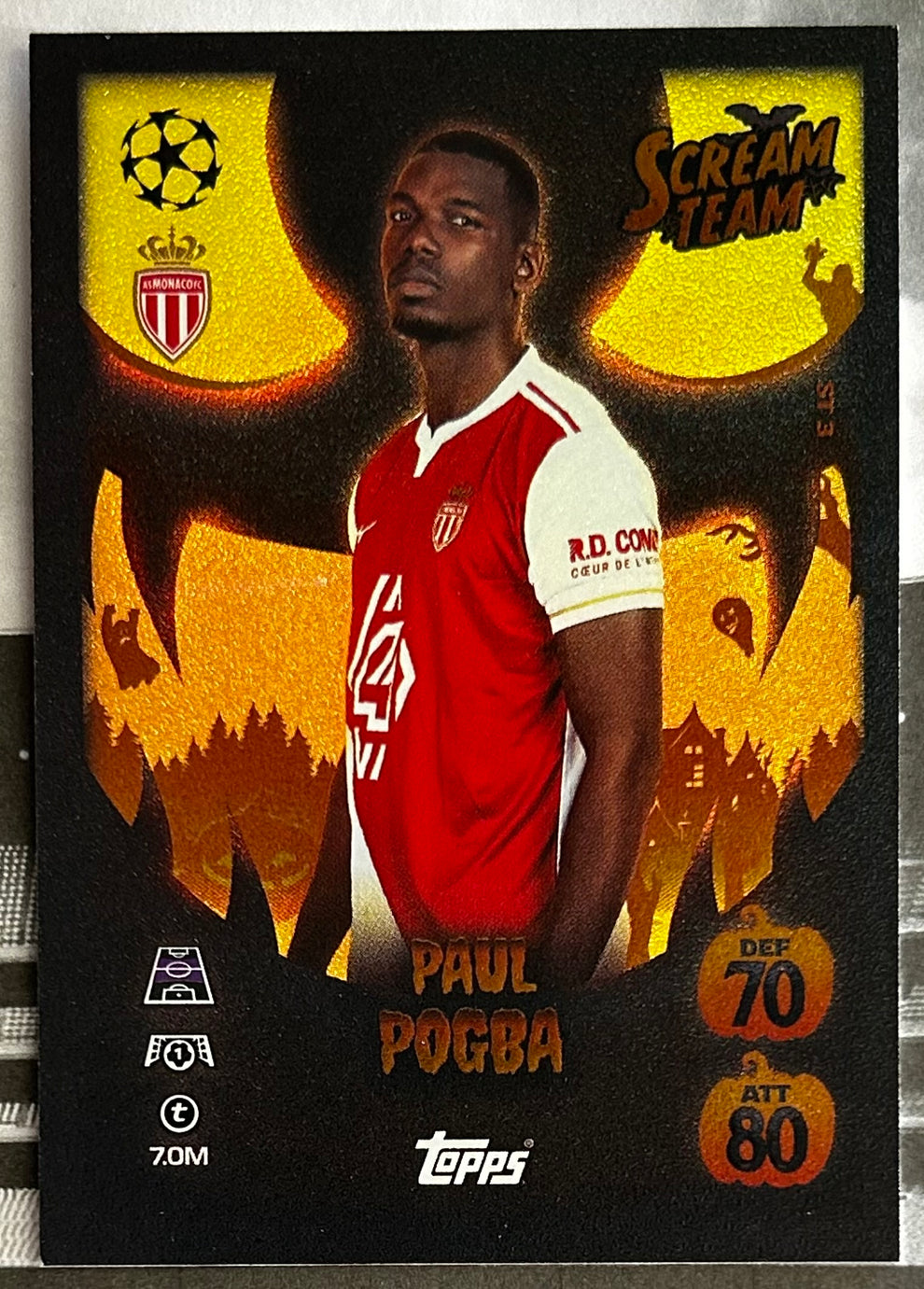 Paul Pogba soccer sports trading card featuring his image in a red and white jersey with stats