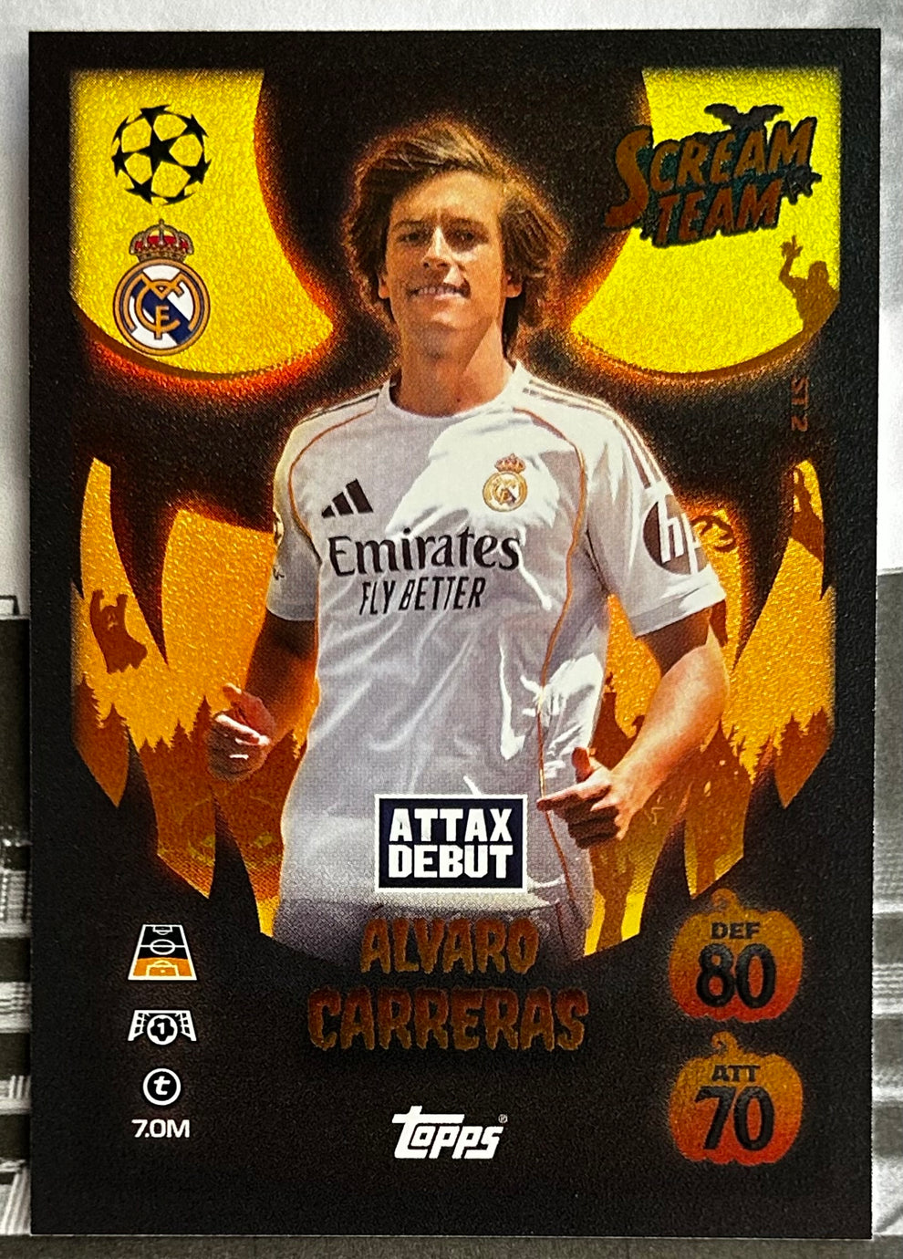Topps soccer sports trading cards featuring Alvaro Carreras in white Real Madrid jersey, energetic pose, for collectors