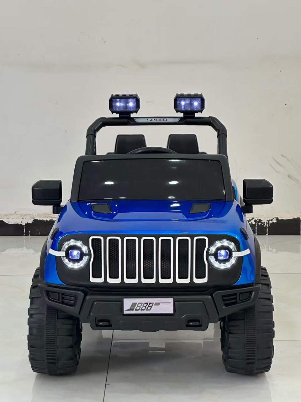 Blue two seat ride on jeep with LED lights and rugged tires four-wheel kids electric car best offer discounted price Ahmedabad .