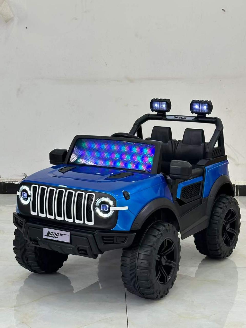 Blue four-wheel kids electric car best offer discounted price Ahmedabad two seat jeep with LED lights off road tires
