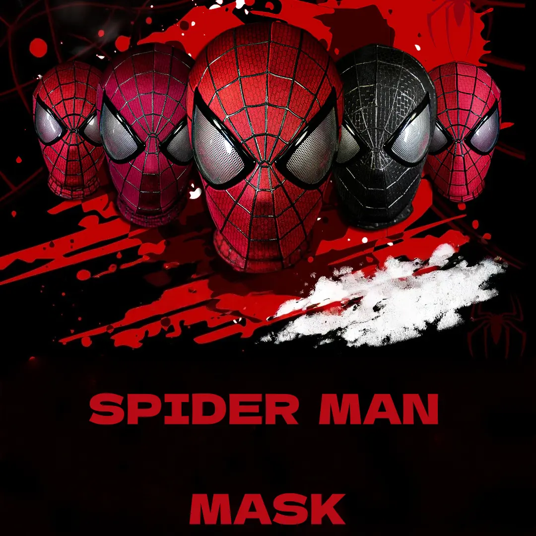 Collection of Spiderman masks in red and black, front view, for superhero fans and costume play