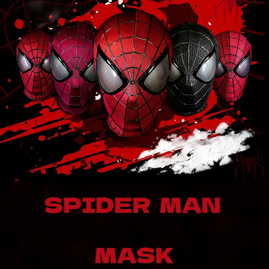 Collection of Spiderman masks in red and black, front view, for superhero fans and costume play
