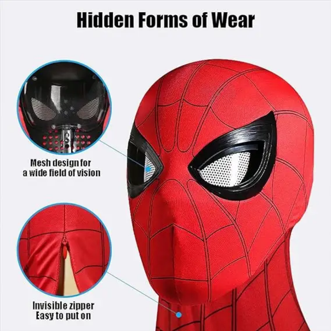 Red Spiderman mask with mesh design and invisible zipper, ideal for superhero dress-up and play.