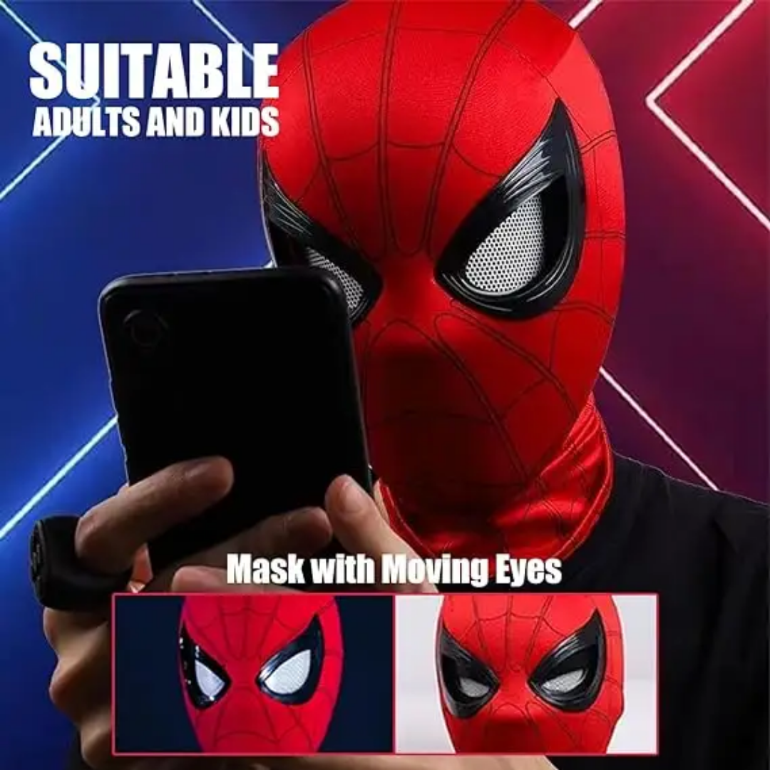 Red Spiderman mask with moving eyes, front view, perfect for superhero play and costumes for both adults and kids