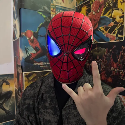 Spiderman mask light with red and blue accents, front view, perfect for superhero-themed parties or dress-up