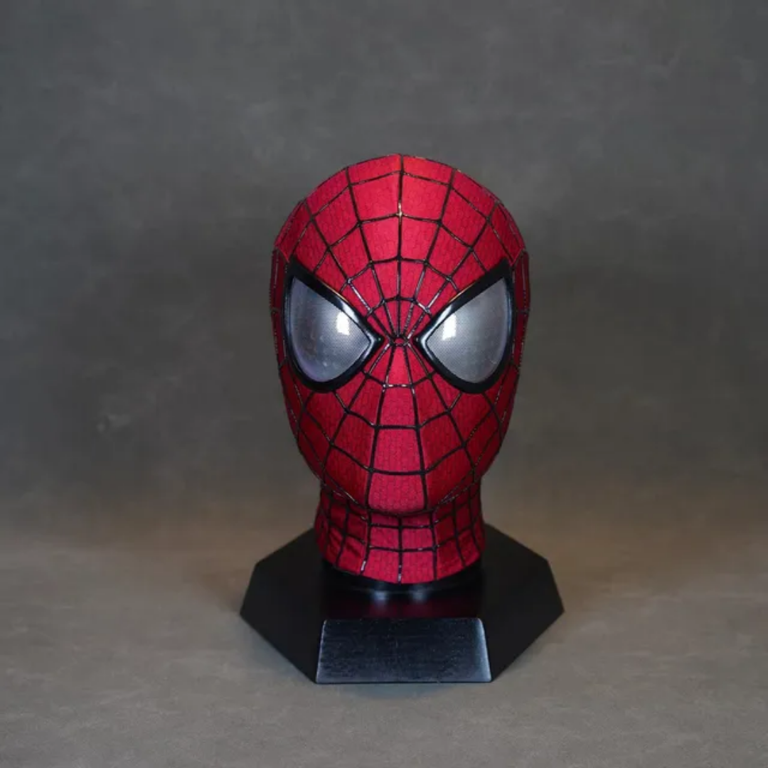 Red superhero Spiderman mask light, front view, ideal for cosplay and themed parties