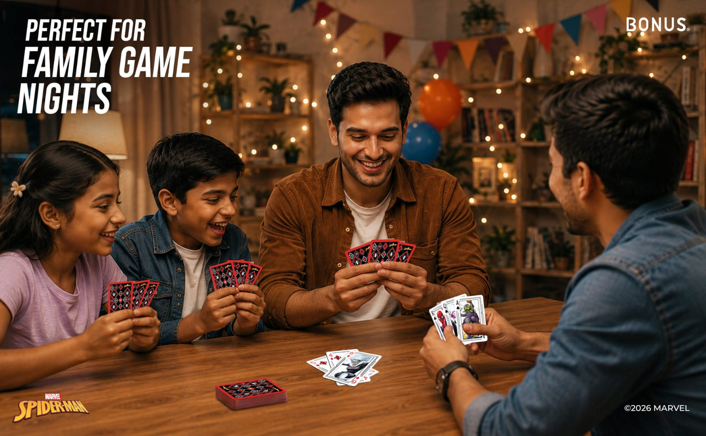 Family playing Spiderman solitaire card game playing cards at a table, perfect for game nights