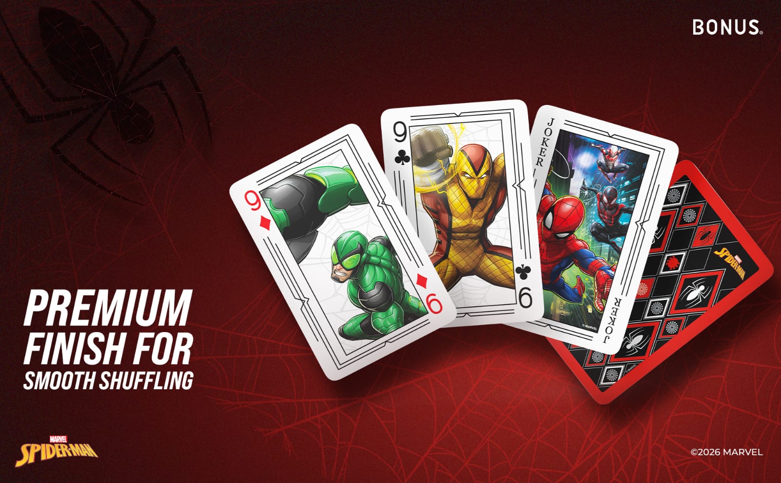 Spiderman Solitaire card game playing cards with premium finish for smooth shuffling, featuring Spiderman and other characters
