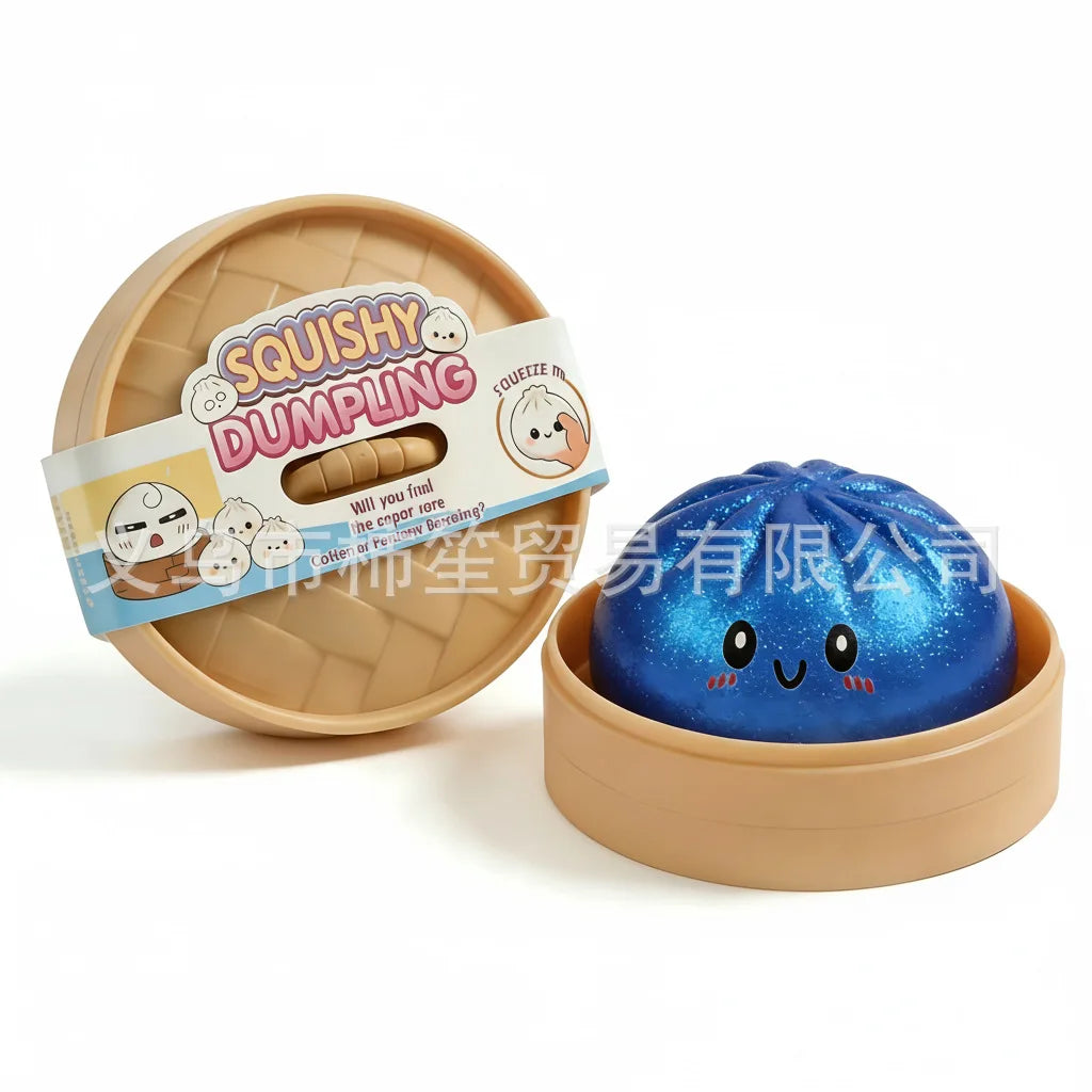 Blue squishy toy Dumpling Bun Toy in a bamboo steamer for ages 3 and up from Sam's Toy World