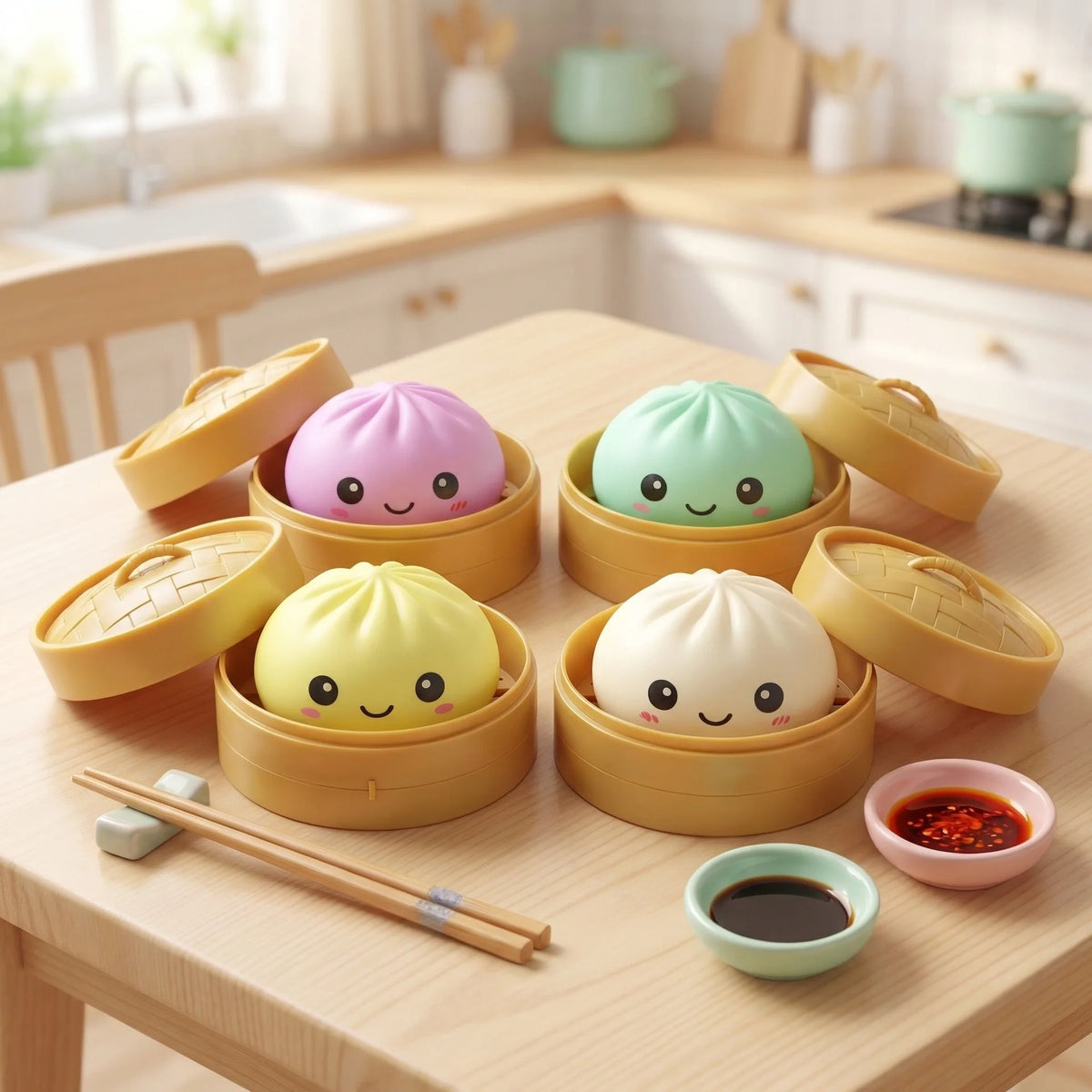 Colorful squishy toy Dumpling Bun Toy set in bamboo steamers for ages three and up from Sam's Toy World