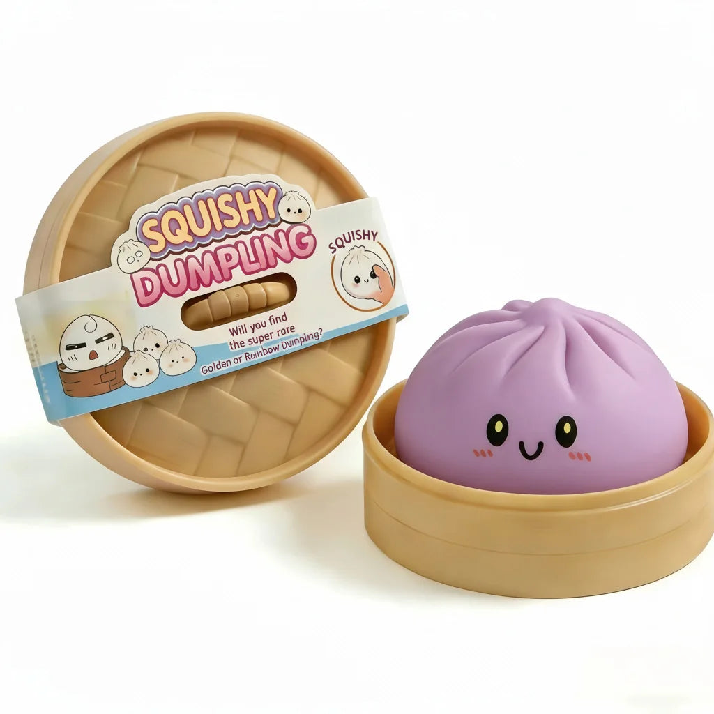 Squishy Toy Dumpling Bun Toy in Purple with smiling face for ages 3 and up from Sam's Toy World