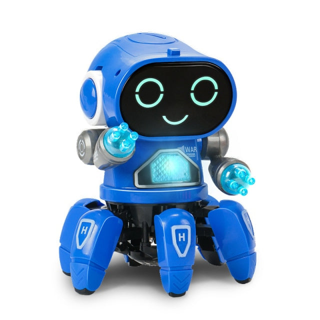 Blue LED smiling Dance music robot octopus toy for kids with light up arms and walking rotating legs by samstoy