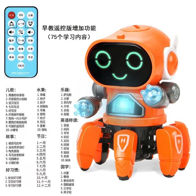 Dance music robot octopus toy for kids orange LED smiling face with remote control flashing lights and dancing legs