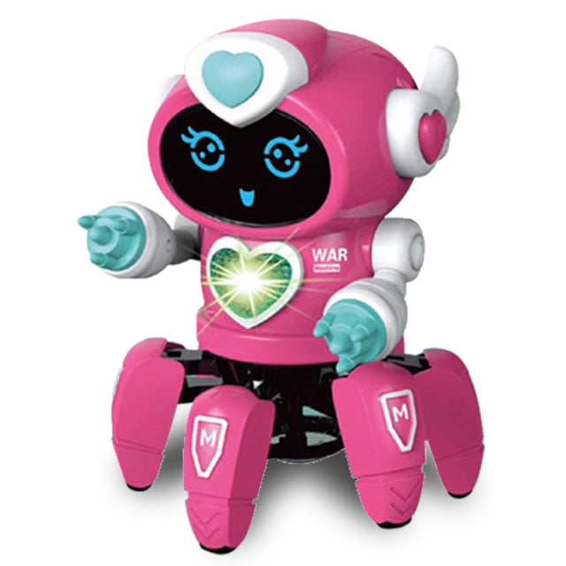 Pink LED heart Dance music robot octopus toy for kids. Smiling face, moving arms and tripod legs for playful dancing