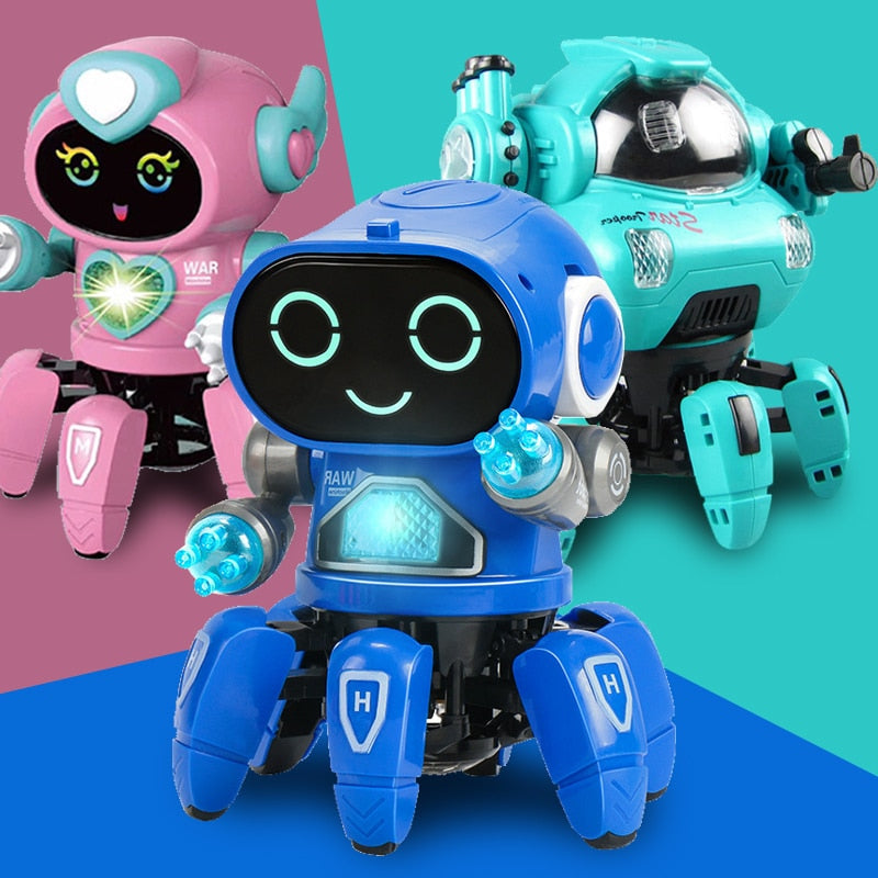 Dance music robot octopus toy for kids blue smiling octopus robot with LED lights alongside pink and teal variants
