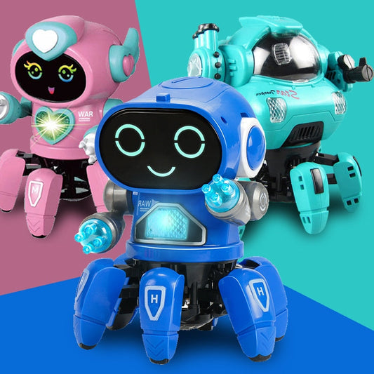 Dance music robot octopus toy for kids blue smiling octopus robot with LED lights alongside pink and teal variants