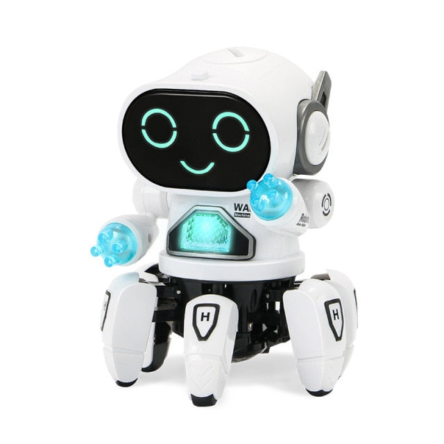 Dance music robot octopus toy for kids. White smiling LED face octopus robot with light up arms and walking legs