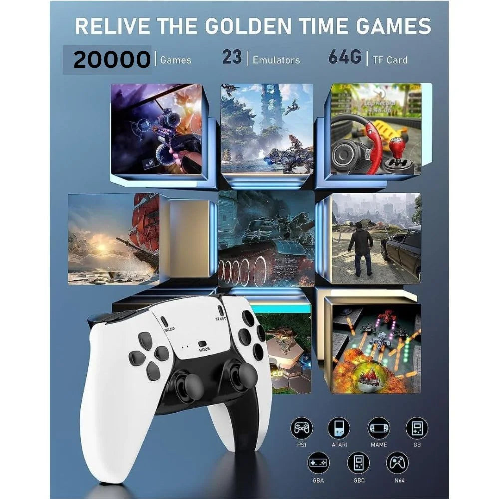 White steam video game console with controller, showcasing 20000 games and multiple emulators, front view