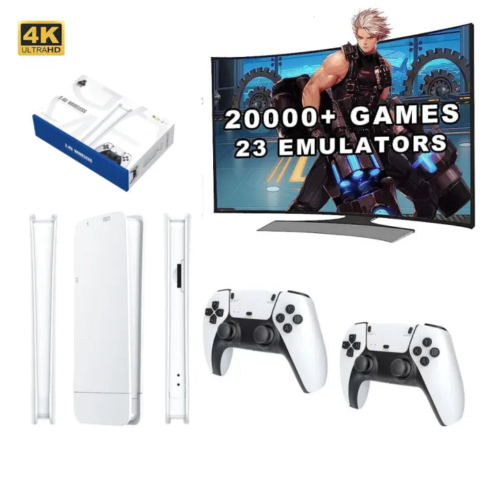 White steam video game console with two controllers, 4K UHD view, featuring 20000+ games and 23 emulators