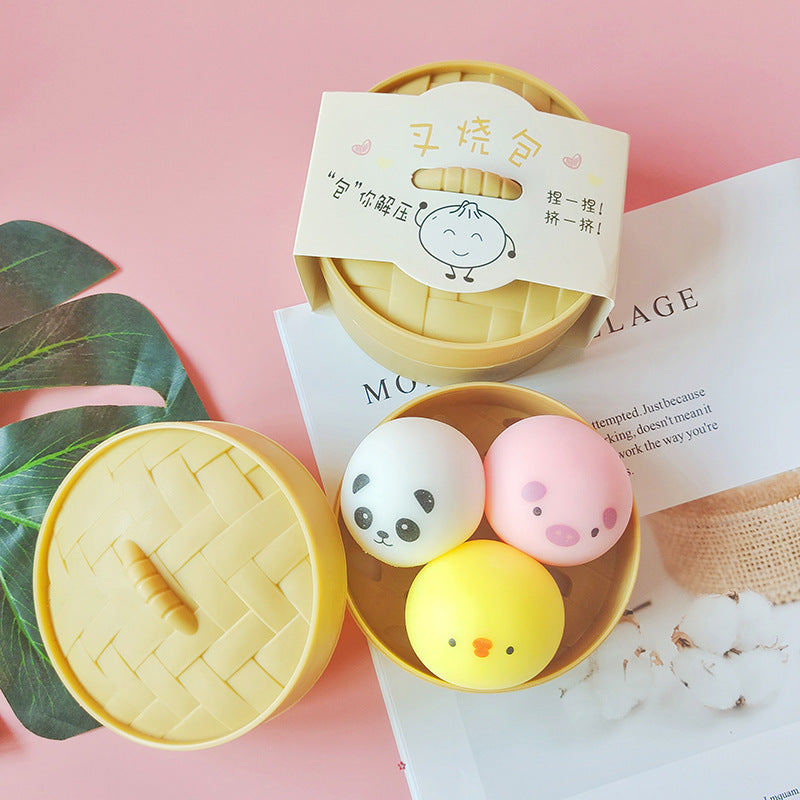 Colorful stress relief toy set in a storage basket featuring cute animal faces for stress relief management techniques