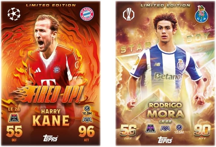 Topps Match Attax smart pack Ahmedabad 25-26 trading Card Ahmedabad featuring Harry Kane and Rodrigo Mora in vibrant designs