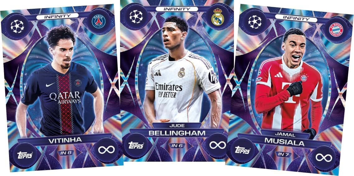 Topps Match Attax smart pack Ahmedabad 25-26 trading Card Ahmedabad featuring players Vitinha, Jude Bellingham, and Jamal Musiala