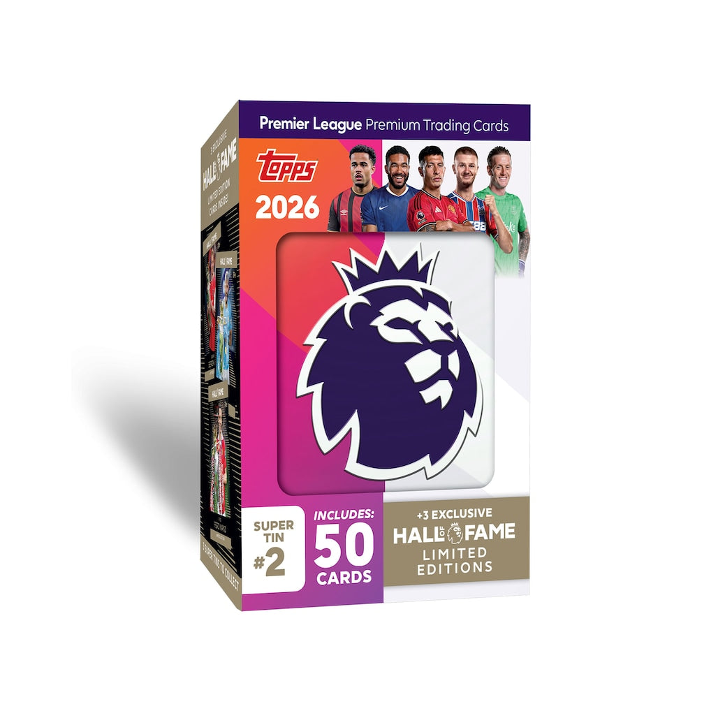 Topps Premier League 2025/26 trading cards Debut Edition Super Tin featuring 50 cards and 3 exclusive Hall of Fame cards