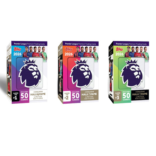 Topps Premier League 2025/26 trading cards Debut Edition Super Tin featuring colorful designs and 50 cards