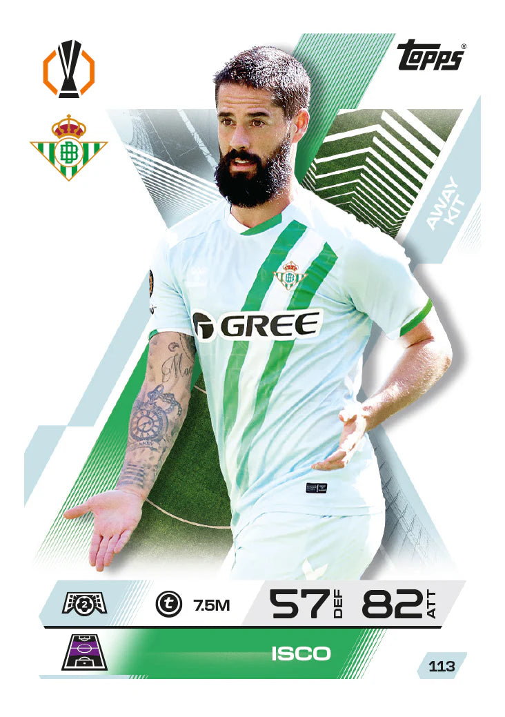Topps trading card game cards Match Attax featuring Isco in away kit, action pose, for soccer fans