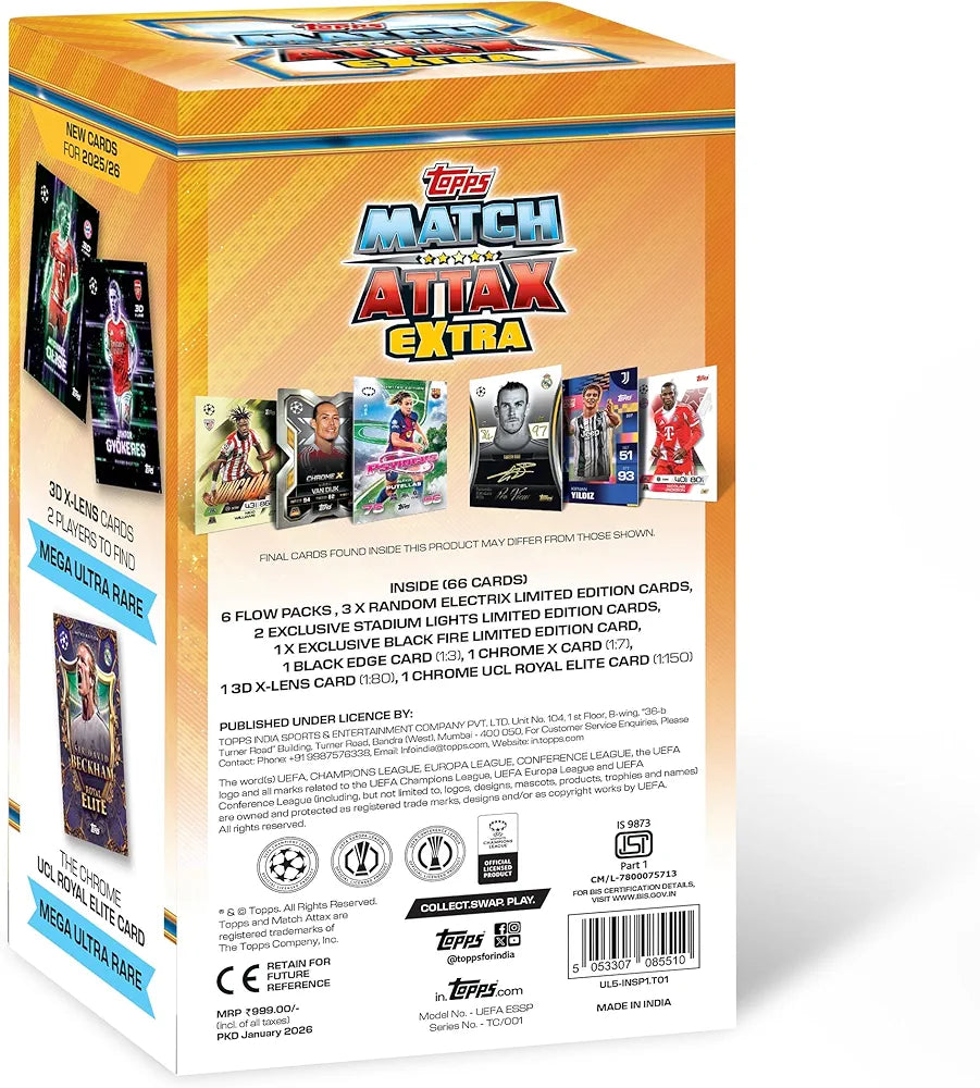 Topps Match Attax trading card game cards in a colorful box, back view, for collecting and gameplay