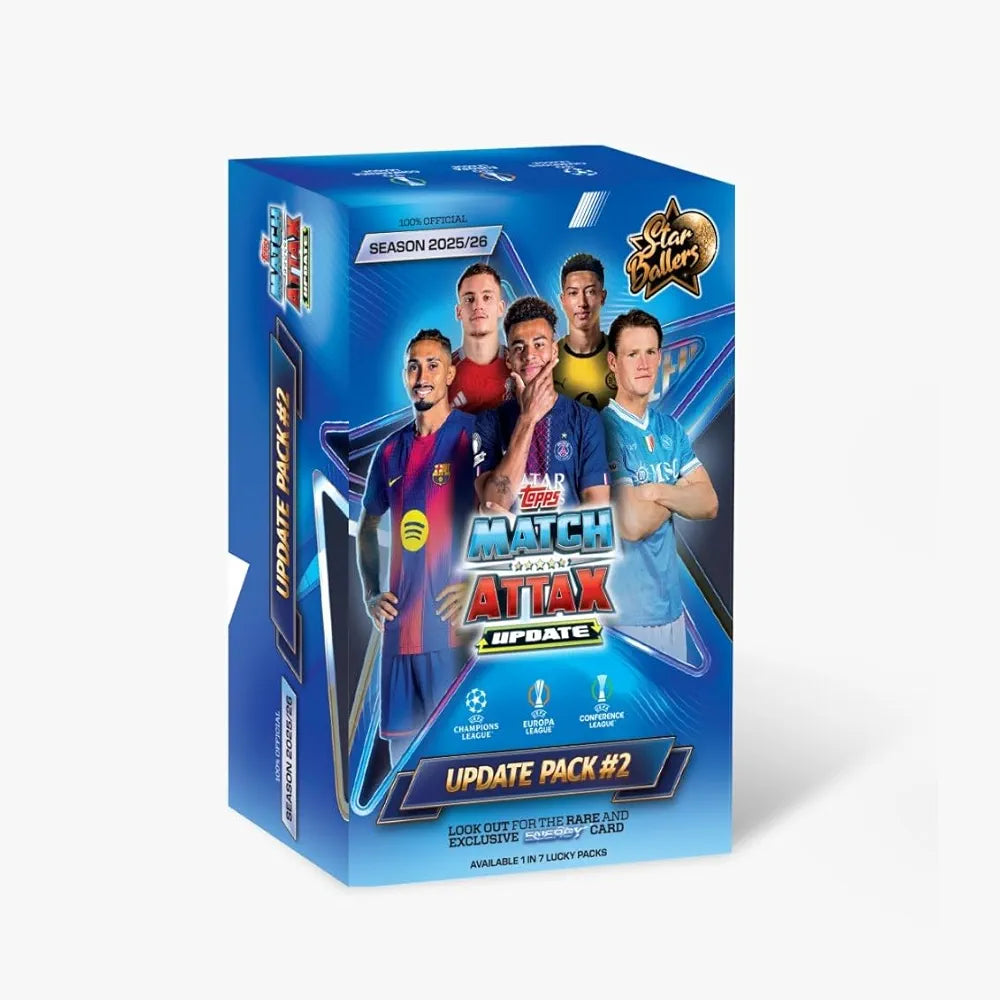 Topps Match Attax trading cards football update pack in blue, front view, for collecting and trading fans