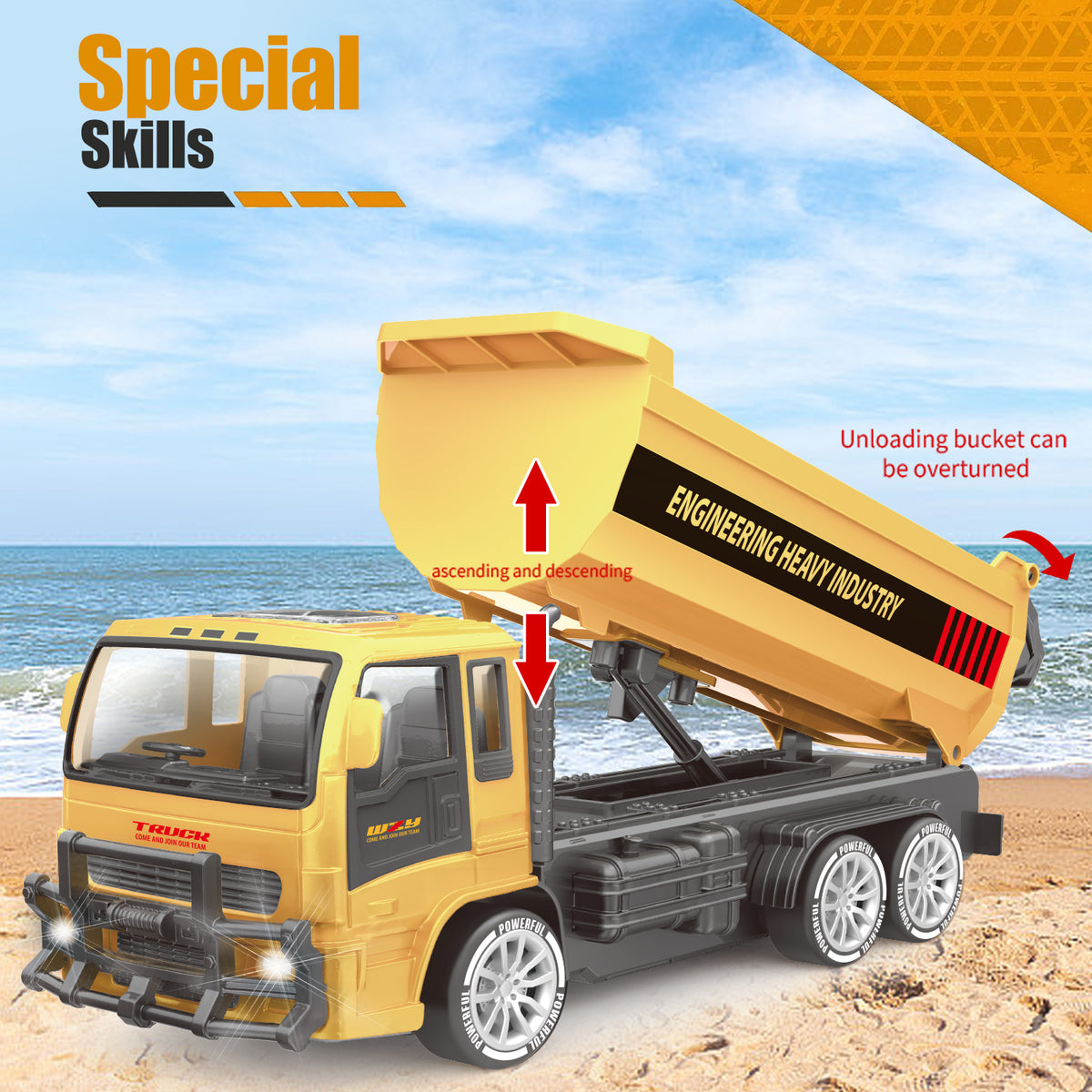 Sam's Toy World Remote Control Dump Truck in Yellow with Ascending Bucket for Kids Ages 6 and Up
