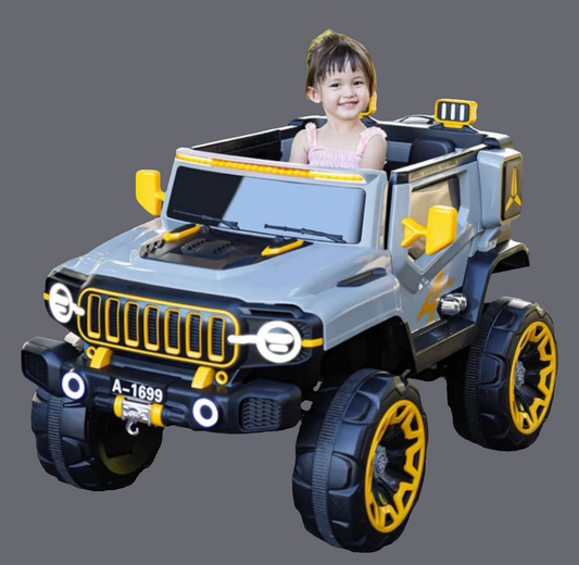 kids electric car Ahmedabad best price online India gray yellow ride on jeep with large off road wheels and child seated