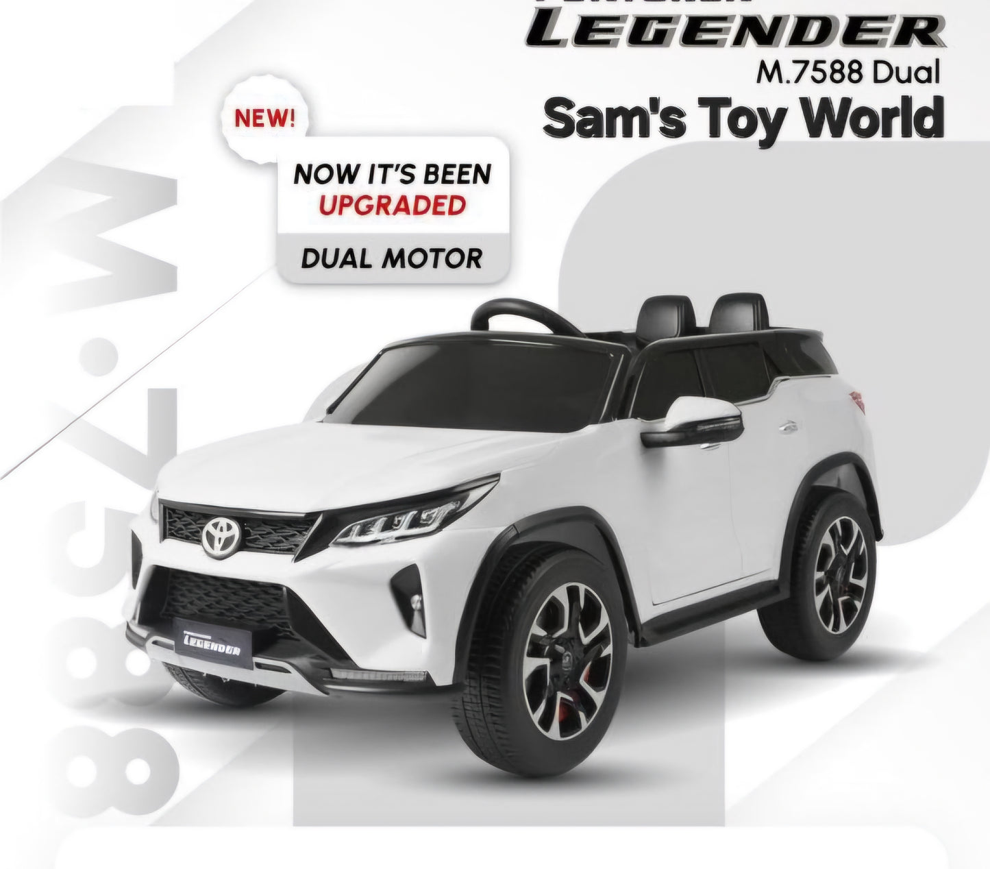 White Toyota Fortune licensed ride-on car for kids Ahmedabad, side view, designed for fun and adventure