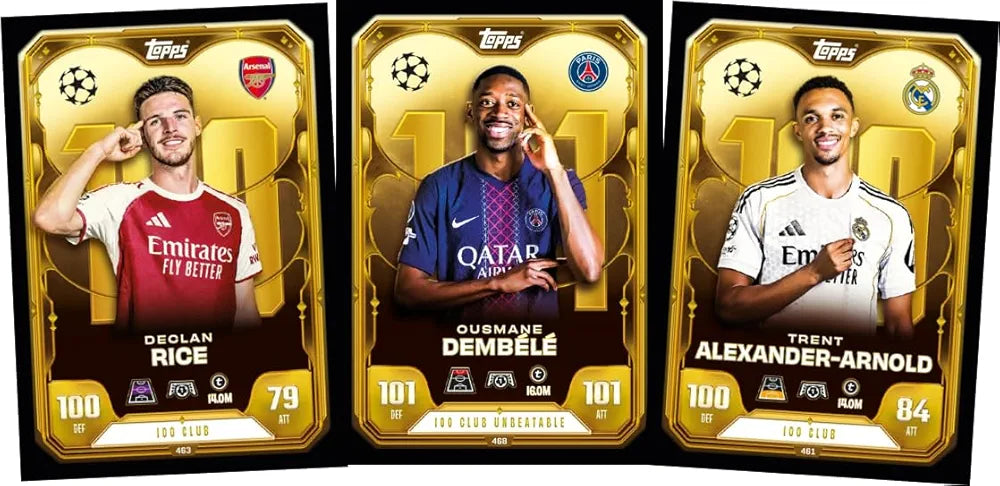 Topps trading cards game football match attax featuring Declan Rice, Ousmane Dembélé, and Trent Alexander-Arnold