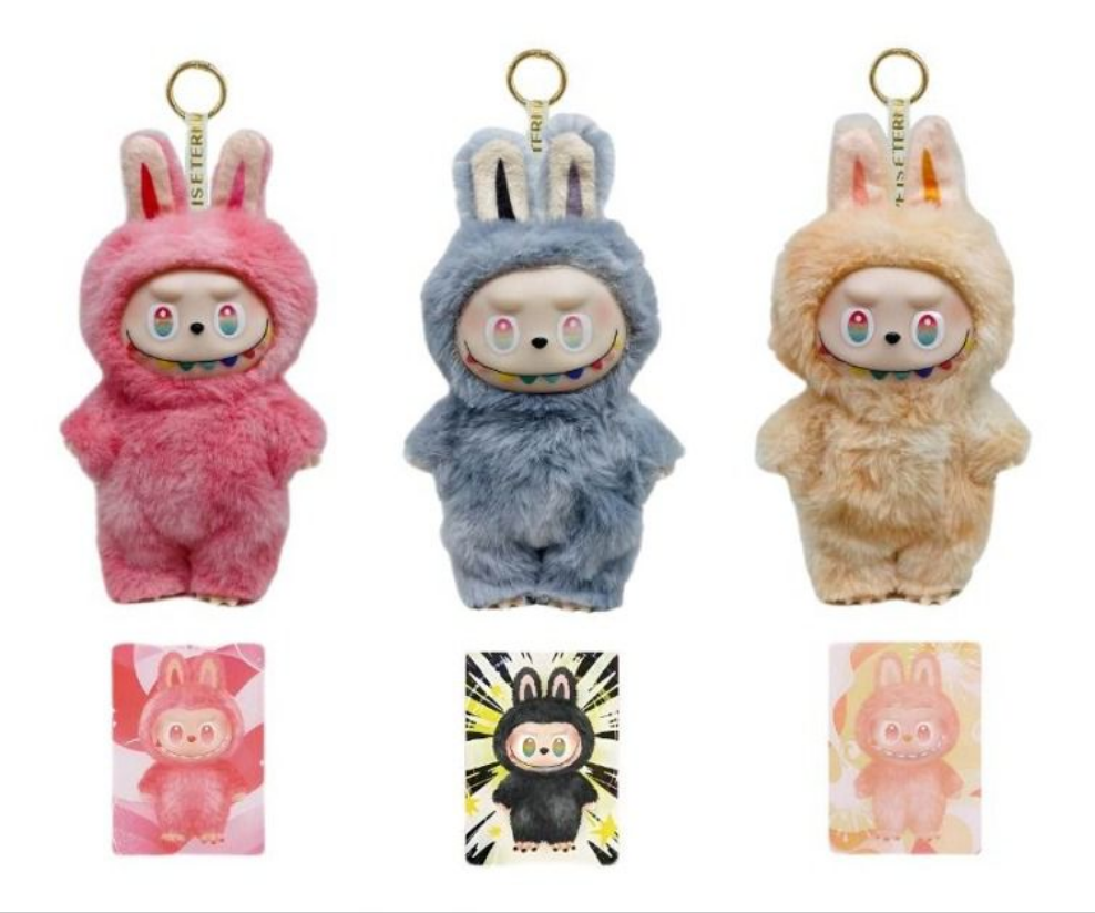 Light and music labubu collectible doll toy online in pink blue and beige fuzzy bunny costumes with keychain