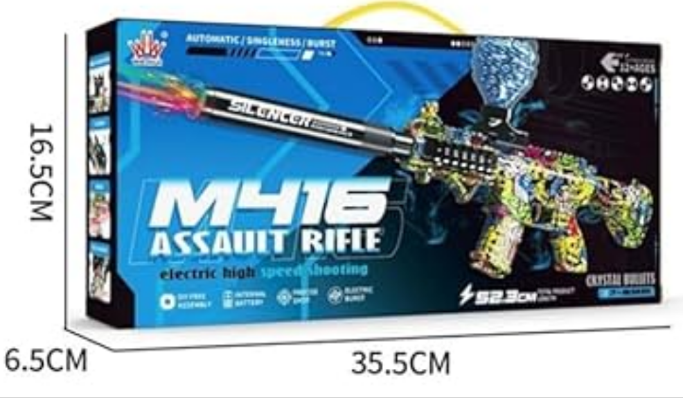 M416 assault rifle toy box showing colorful camo long barrel and scope M416 electric gel blaster toy gun with light sound Online