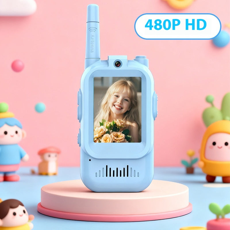 Blue walkie talkie with 480P HD display, front view, perfect for kids communication and outdoor fun