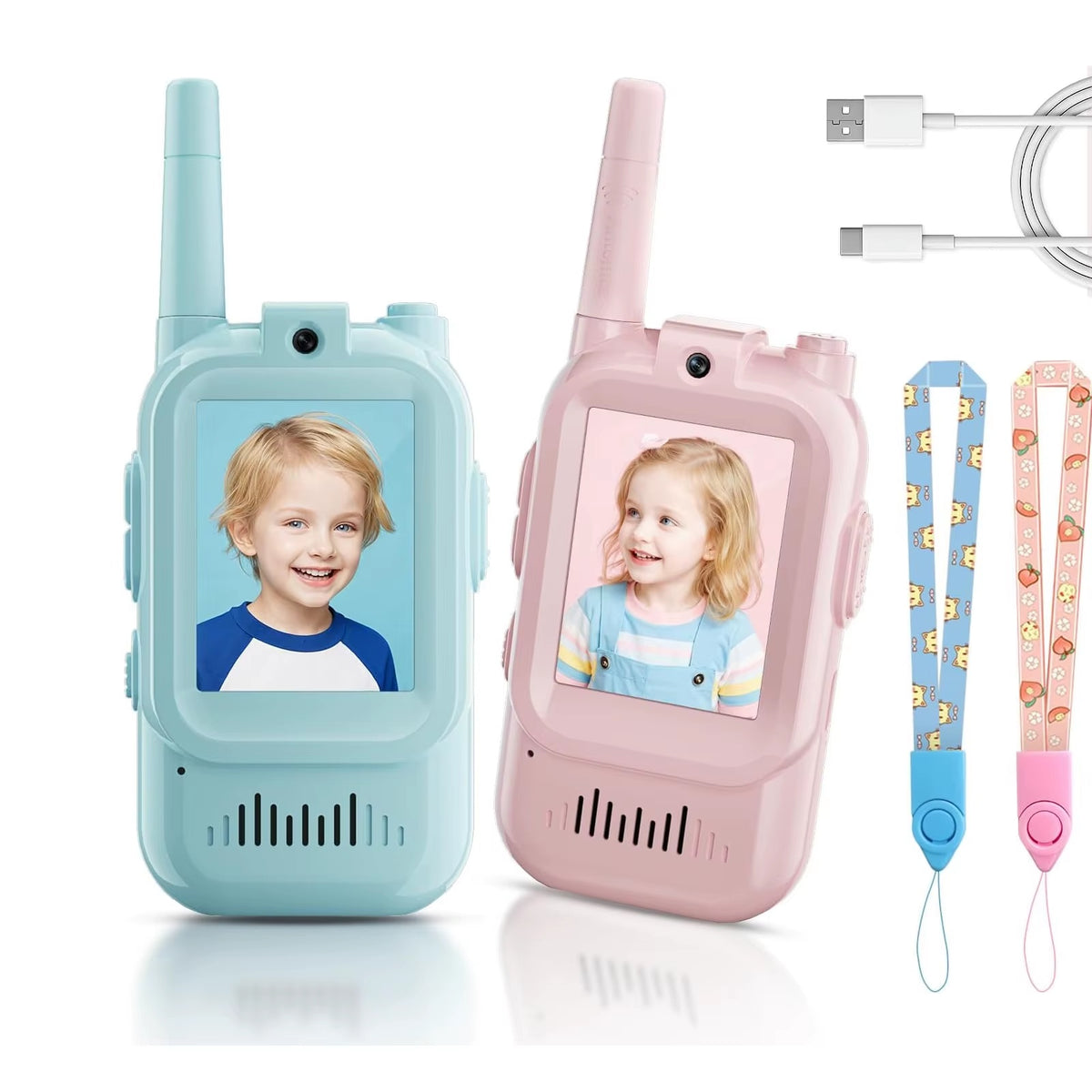 Light blue and pink walkie talkies with screens, designed as wireless earpieces for walkie talkies
