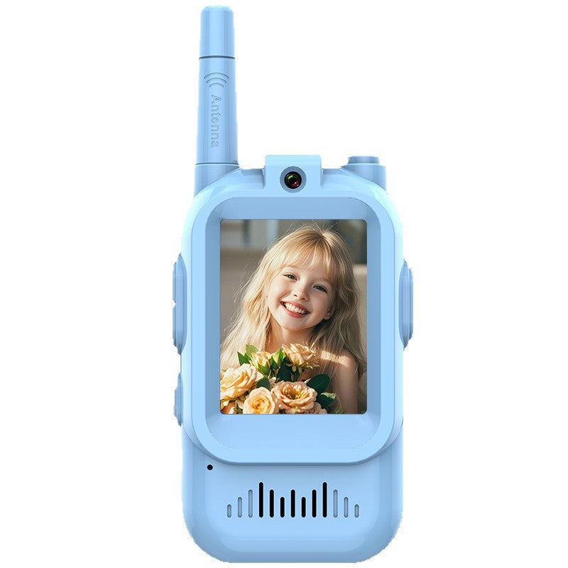 Blue handheld walkie talkie with screen and camera, ideal for kids, perfect for wireless earpieces for walkie talkies
