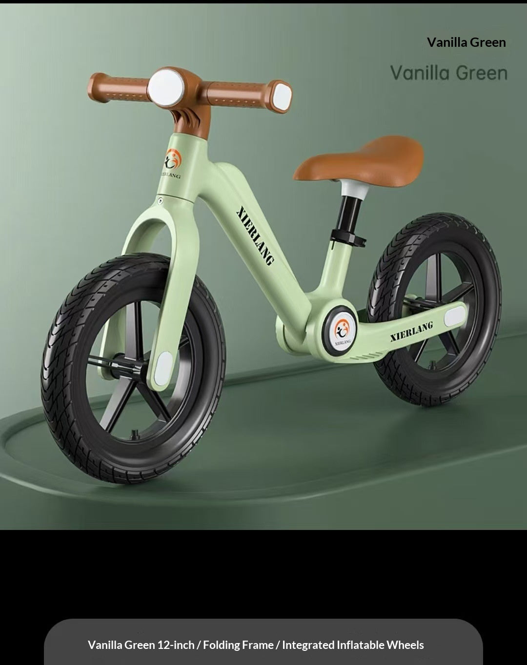 Vanilla Green bike balance kids bike Sam's World Ahmedabad for toddlers, featuring a folding frame and inflatable wheels